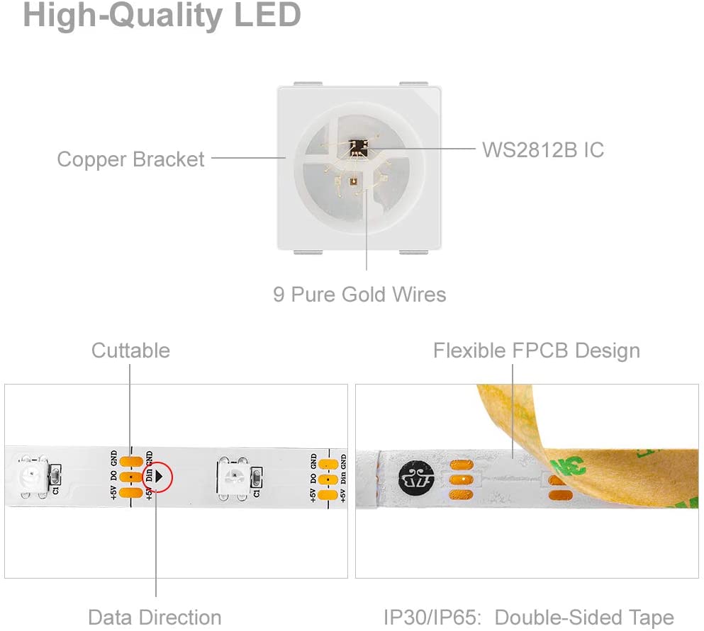 BTF-Lighting Smart LED Strip - WS2812B | IP30 | 30Pixels/m | White PCB